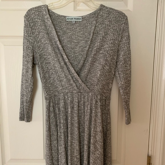 A-line Grey Trendy Ribbed Dress V-neck - Picture 4 of 5